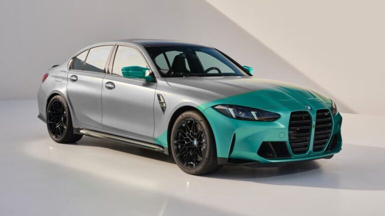 BMW M3 with Level 1 clear PPF coverage highlighted in green: front bumper, partial hood, mirrors, and partial front fenders
