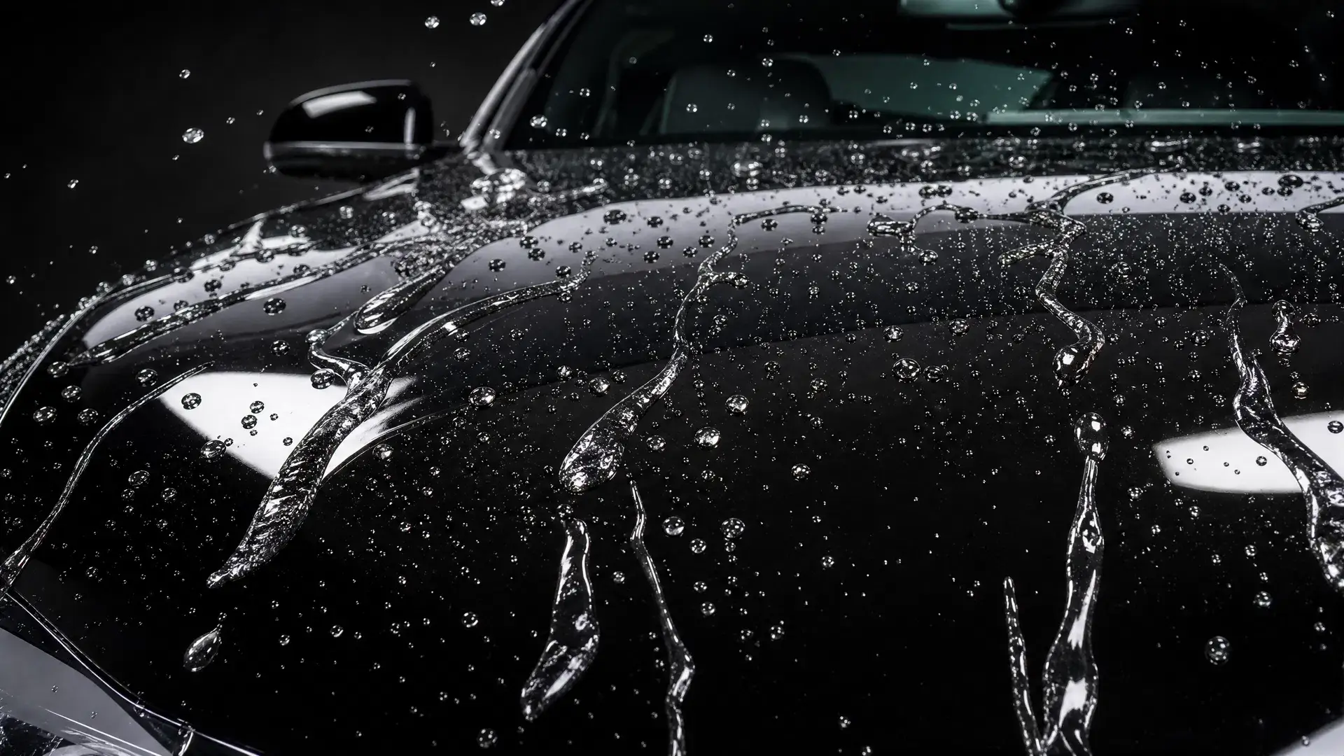 Water beading on a ceramic coated black hood, showing the hydrophobic finish