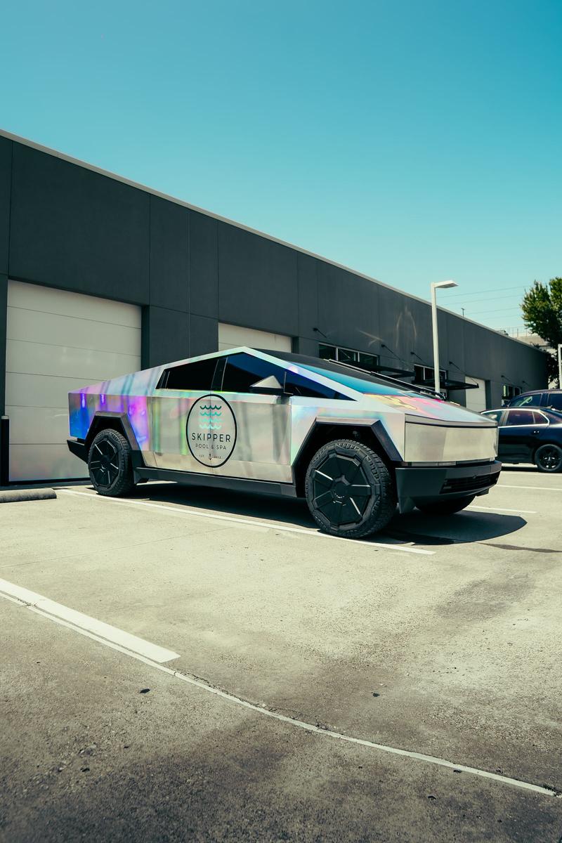 Wrapped Tesla Cybertruck outside the Dallas studio